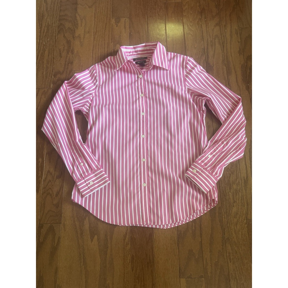 Lauren Ralph Lauren Women's Pink Striped Button Down Preppy Non-Iron Shirt Sz M